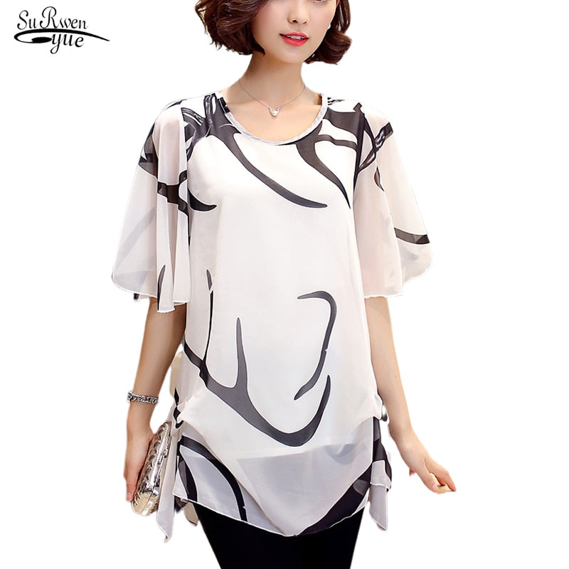 Short Sleeve Summer Tops Print Chiffon Blouse Shirt extra large size available