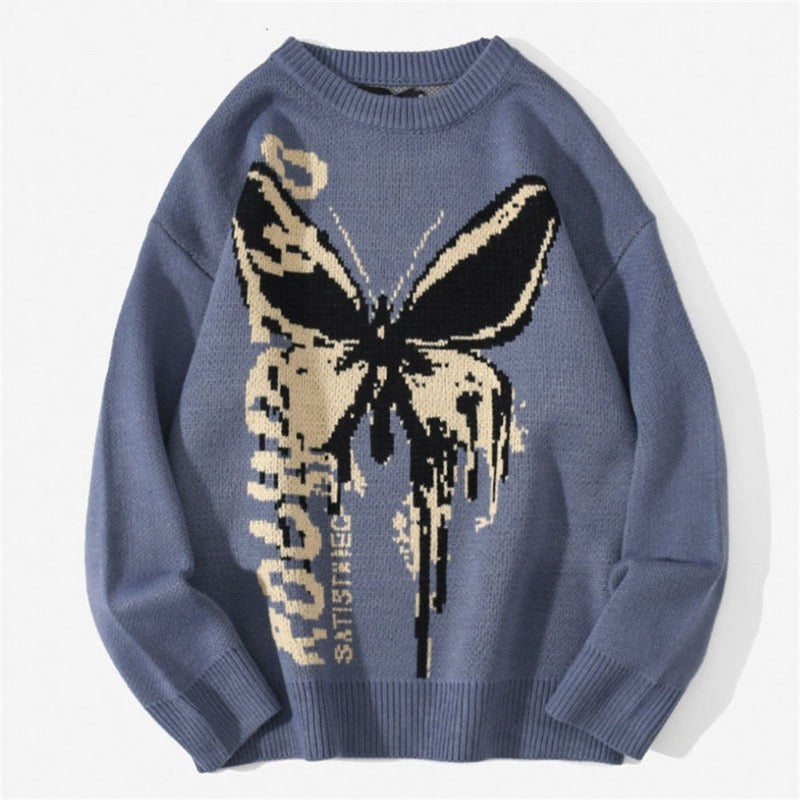Harajuku Fashion Butterfly Knitwear Sweaters, Hip Hop Loose Pullover Sweaters for Men and Women,