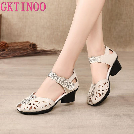 2023 Summer Genuine Leather Shoes Gladiator Sandals Women 5cm High Heels Classic Black Peep Toe Hollow Ladies Sandals