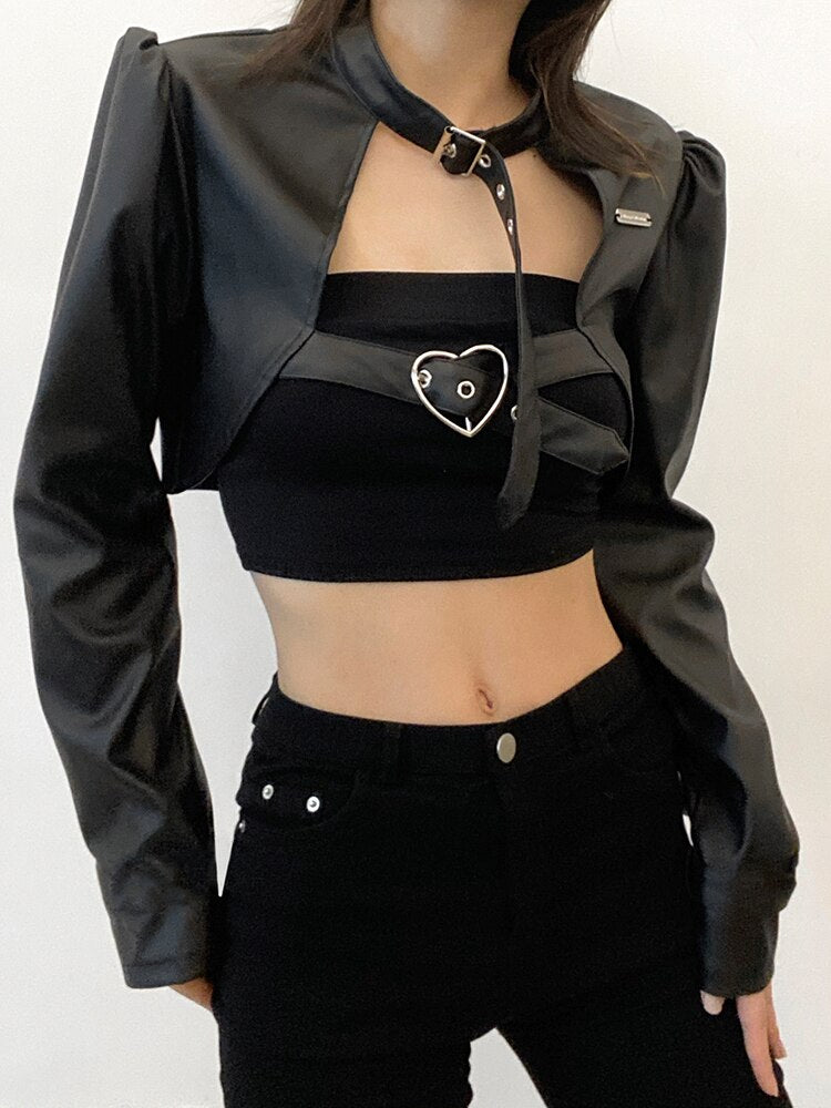 Gothic Bandage Leather Jacket Women Winter | Punk Style Streetwear Crop Coat | Dark Academic Slim Black Outwear