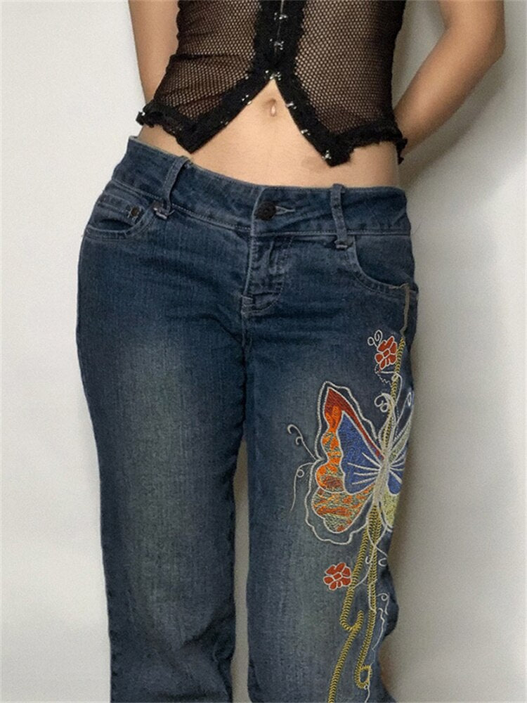 Retro Butterfly Print Denim Jeans Low Waisted Grunge Vintage Cargo Trousers Fairycore Harajuku Fashion Pants