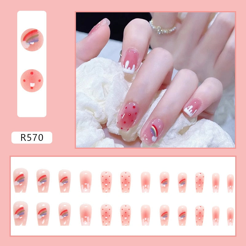 Short False Press on Nail Tip with Glue Designs Detachable Reusable Fake Nails 24Pcs/Set with Nail Art DIY Tips