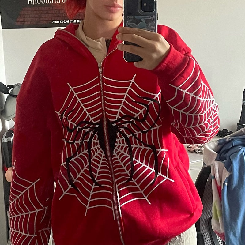 Spider Web Red Graphic Hoodies Y2K Zip Up Hoodie for Men and Women
