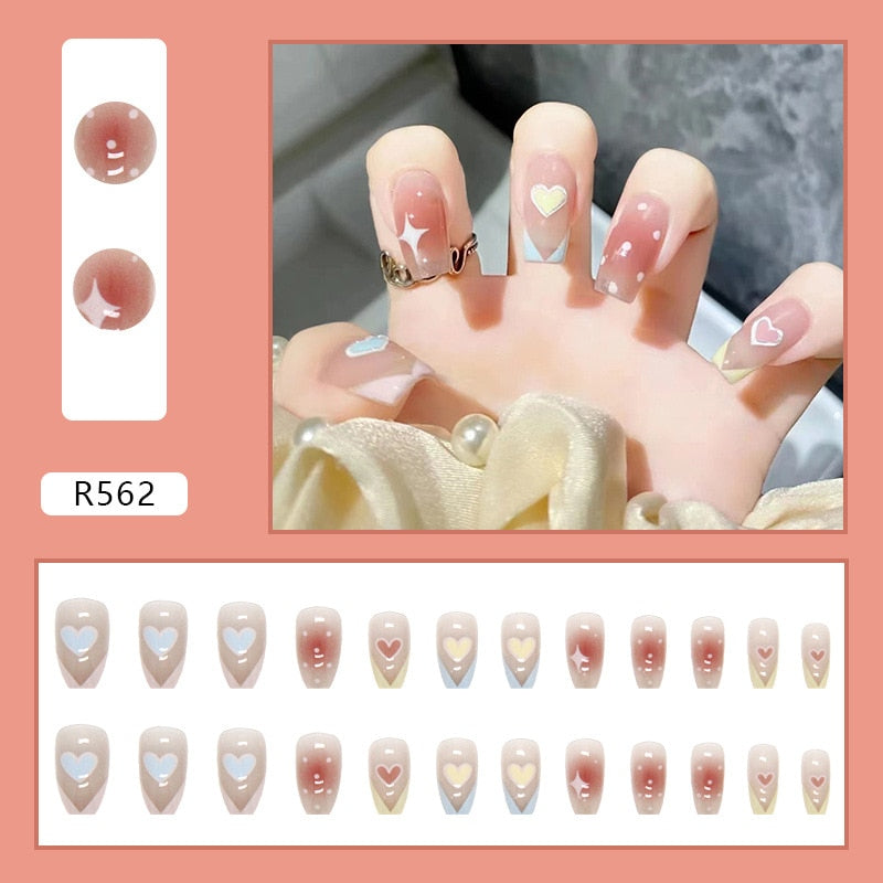 Short False Press on Nail Tip with Glue Designs Detachable Reusable Fake Nails 24Pcs/Set with Nail Art DIY Tips