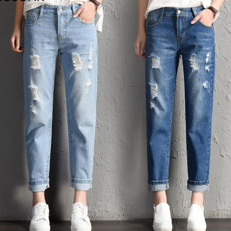 Trendy and Sexy Women Fashion Mid Waist Boyfriend Big Ripped Hole Jeans - Casual High Street Denim Pants for Vintage Style