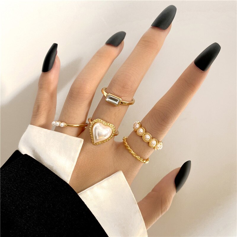 Trendy Boho Gold Pearl 22pcs Heart Rings Set For Women