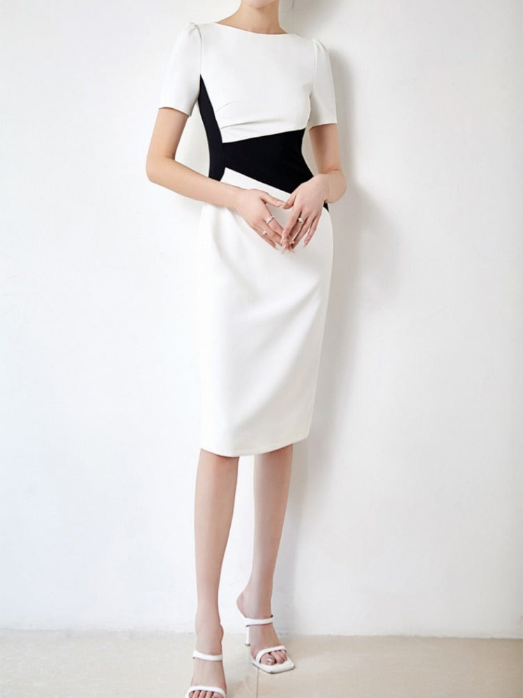 New O-Neck Vintage Vestidos Simple Chic Color Blocking Bodycon Office Casual Dress Women Sheath Pencil Dresses