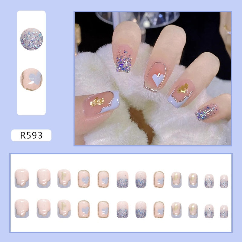 Short False Press on Nail Tip with Glue Designs Detachable Reusable Fake Nails 24Pcs/Set with Nail Art DIY Tips
