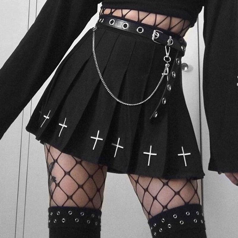 Black High Waist Mini Skirts Gothic Streetwear Style with Punk Pleated Vintage Skirt, Cross Print, and Lolita Harajuku Vibes for Women