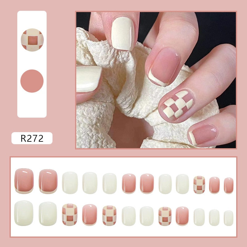 Short False Press on Nail Tip with Glue Designs Detachable Reusable Fake Nails 24Pcs/Set with Nail Art DIY Tips