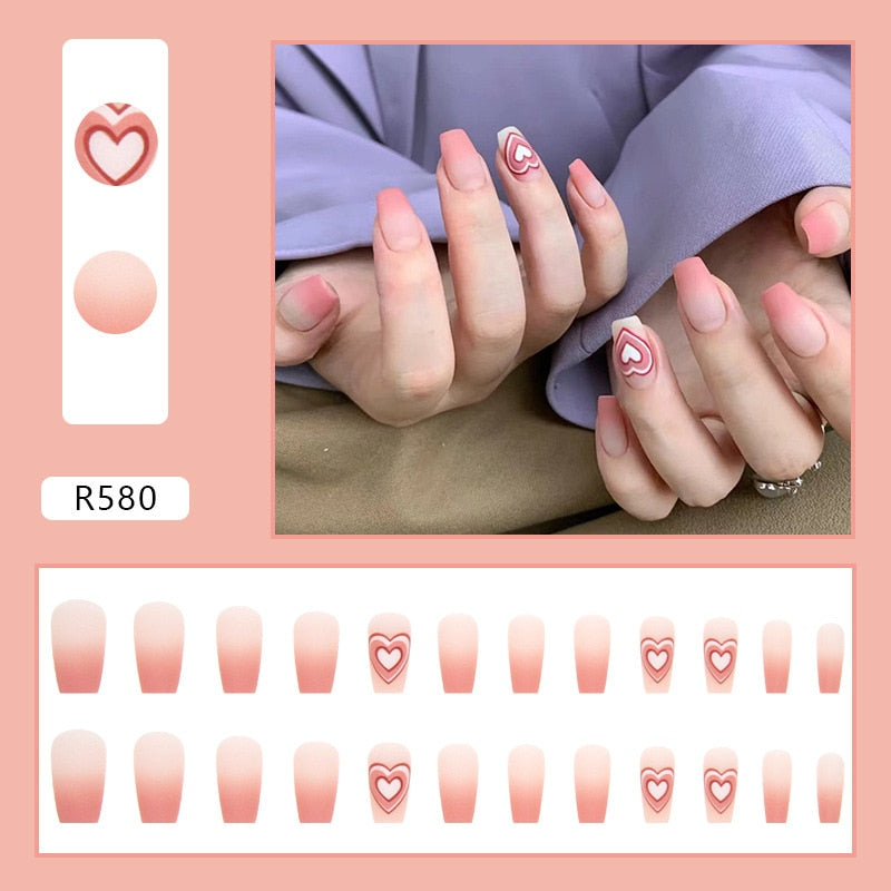 Short False Press on Nail Tip with Glue Designs Detachable Reusable Fake Nails 24Pcs/Set with Nail Art DIY Tips