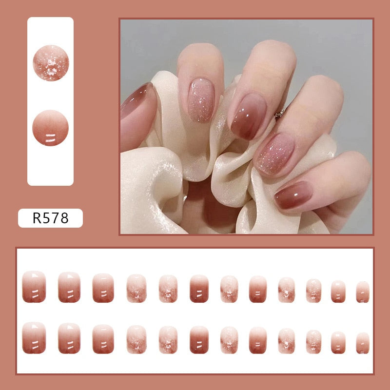 Short False Press on Nail Tip with Glue Designs Detachable Reusable Fake Nails 24Pcs/Set with Nail Art DIY Tips