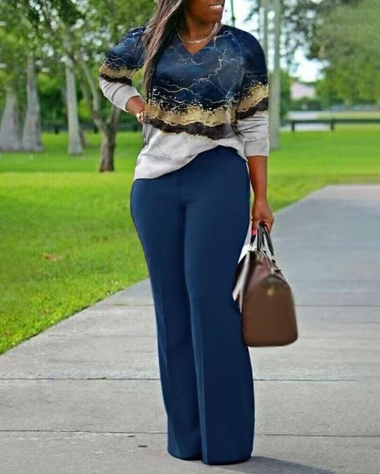 Two Piece Sets Womens Outifits 2023 Spring Fashion Marble Print V-Neck Long Sleeve Top