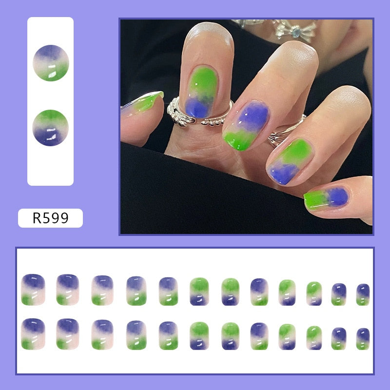 Short False Press on Nail Tip with Glue Designs Detachable Reusable Fake Nails 24Pcs/Set with Nail Art DIY Tips