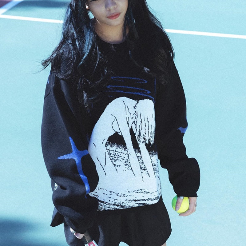 Y2K Women's Oversized Harajuku Knitwear Cute Anime Print Pattern O Neck Pullover Sweater Girls Streetwear Knitting