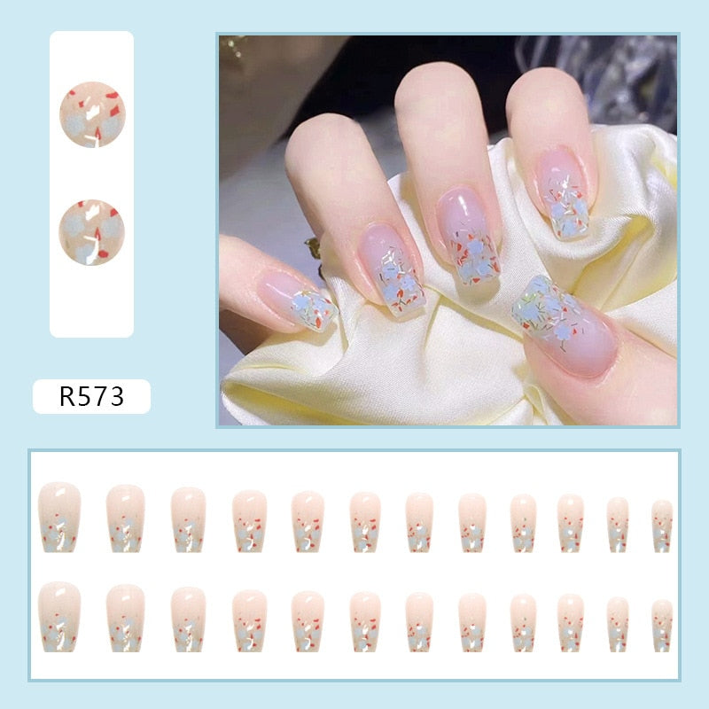 Short False Press on Nail Tip with Glue Designs Detachable Reusable Fake Nails 24Pcs/Set with Nail Art DIY Tips