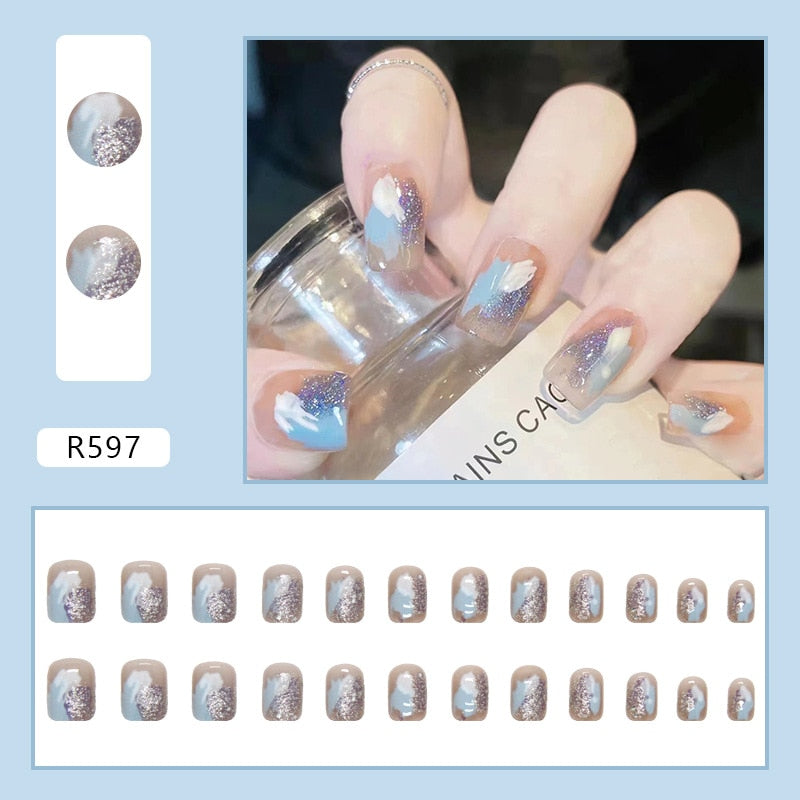 Short False Press on Nail Tip with Glue Designs Detachable Reusable Fake Nails 24Pcs/Set with Nail Art DIY Tips