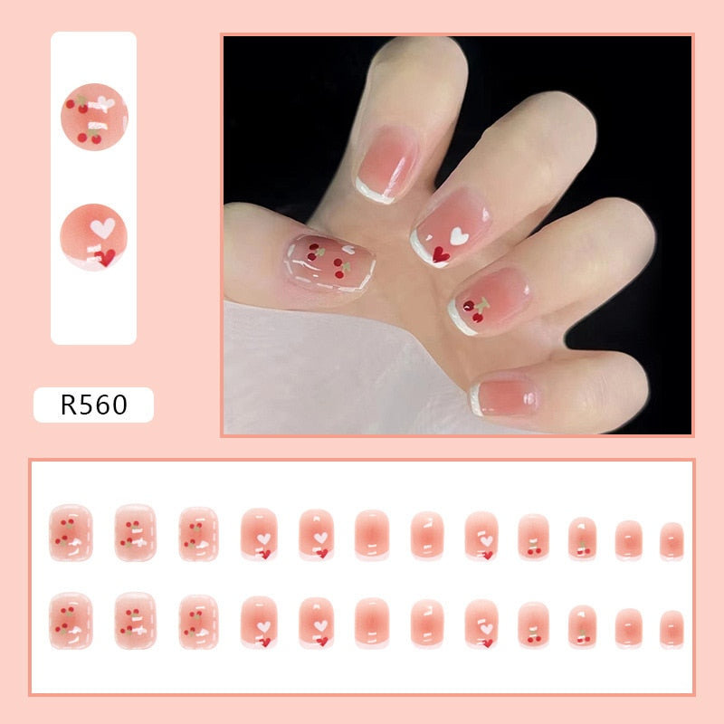 Short False Press on Nail Tip with Glue Designs Detachable Reusable Fake Nails 24Pcs/Set with Nail Art DIY Tips