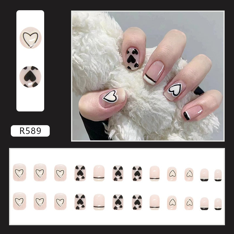 Short False Press on Nail Tip with Glue Designs Detachable Reusable Fake Nails 24Pcs/Set with Nail Art DIY Tips