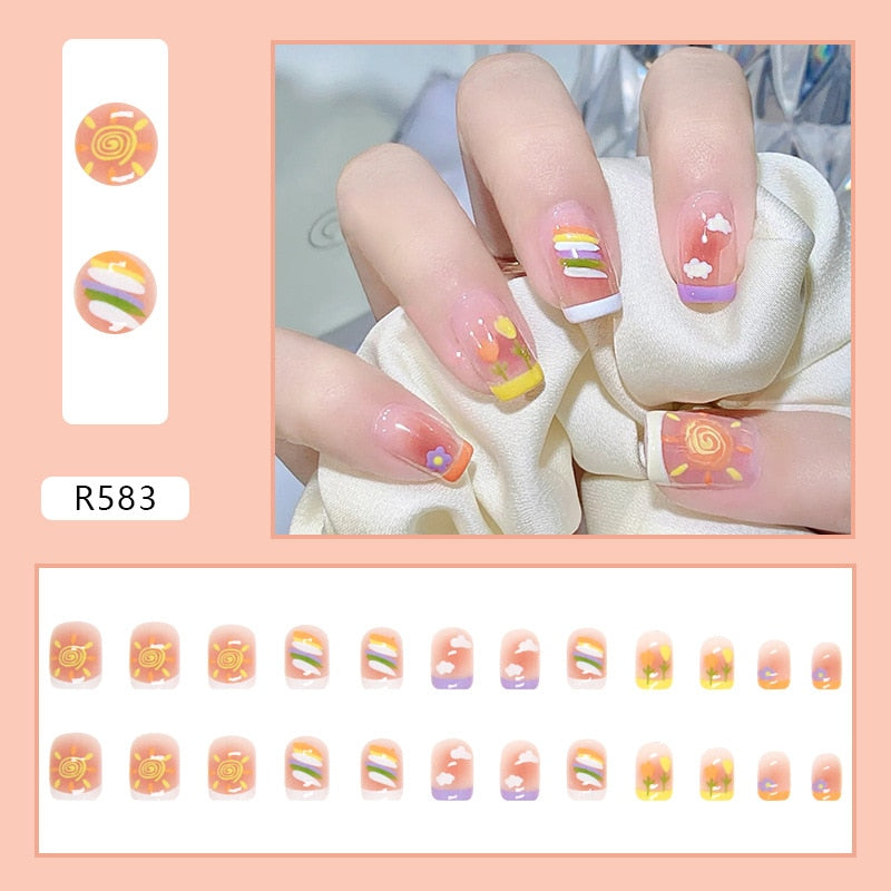 Short False Press on Nail Tip with Glue Designs Detachable Reusable Fake Nails 24Pcs/Set with Nail Art DIY Tips
