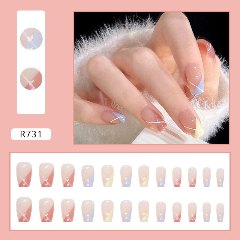 Short False Press on Nail Tip with Glue Designs Detachable Reusable Fake Nails 24Pcs/Set with Nail Art DIY Tips
