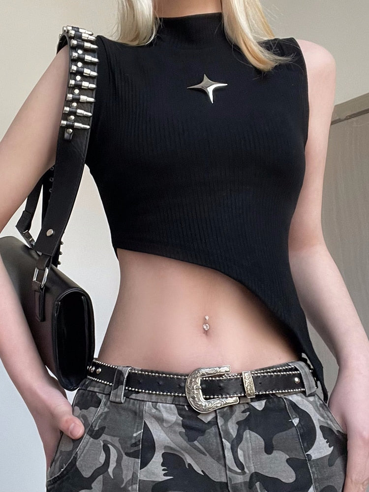Dark Academia Rivet Patchwork Crop Tops | Women's Grunge Sleeveless Black Irregular Tank Top | Streetwear Punk Clothes