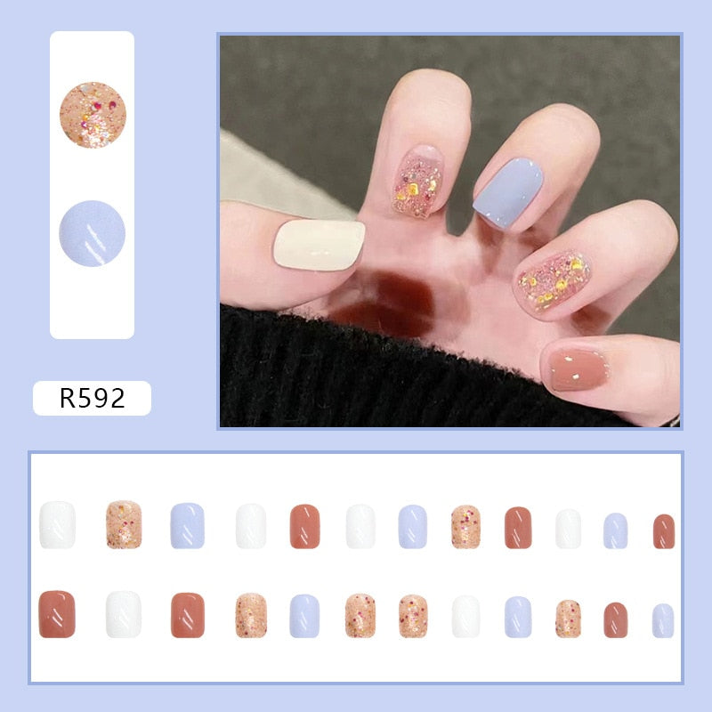 Short False Press on Nail Tip with Glue Designs Detachable Reusable Fake Nails 24Pcs/Set with Nail Art DIY Tips