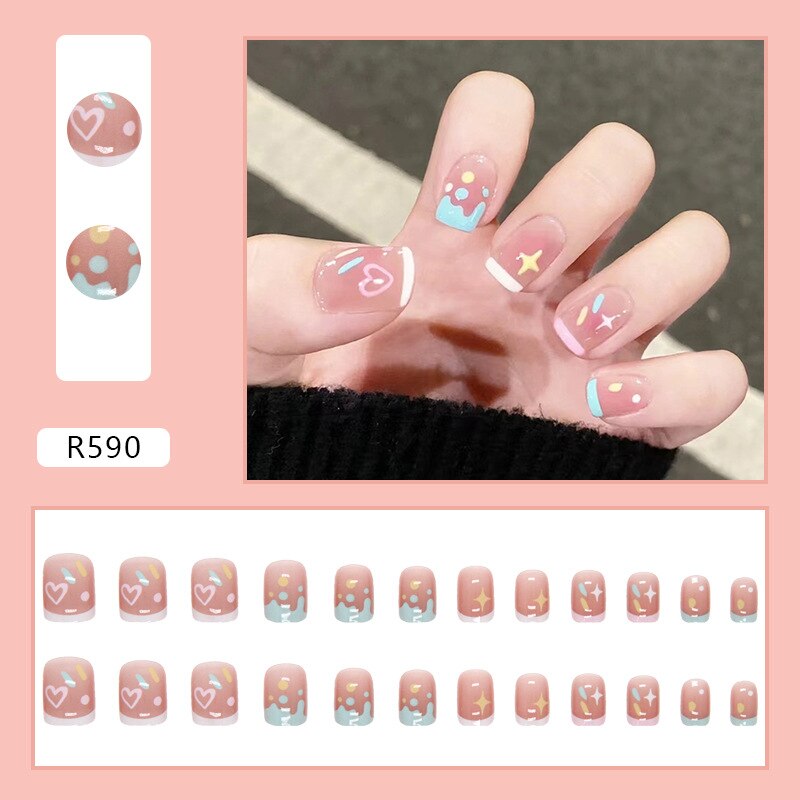 Short False Press on Nail Tip with Glue Designs Detachable Reusable Fake Nails 24Pcs/Set with Nail Art DIY Tips