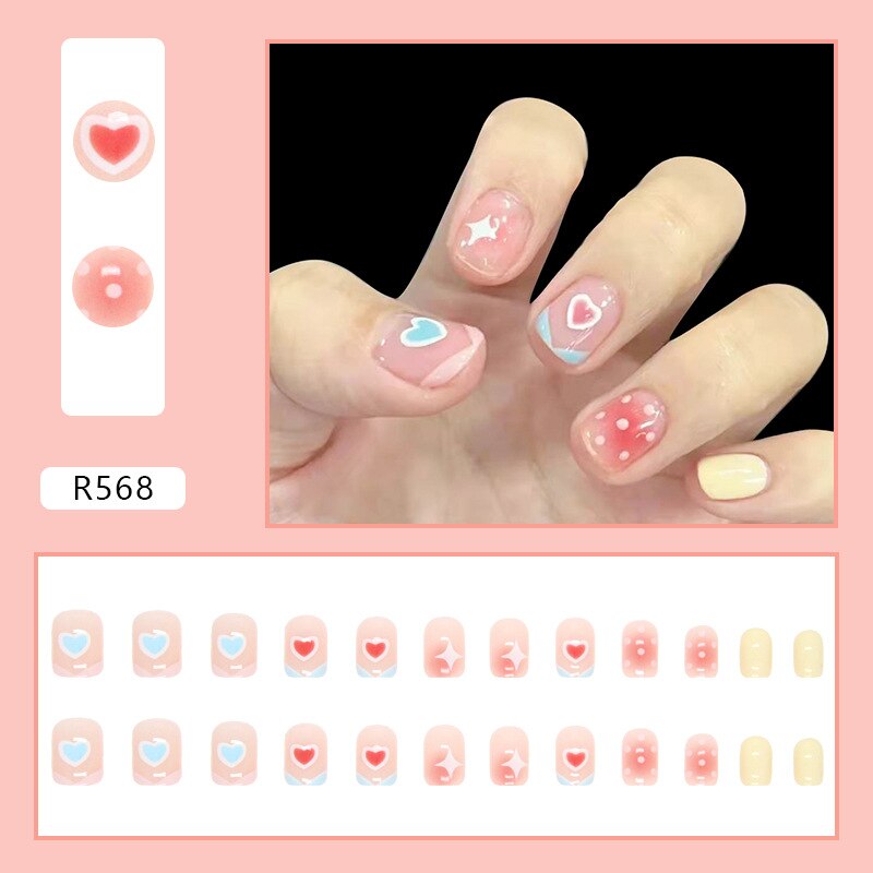 Short False Press on Nail Tip with Glue Designs Detachable Reusable Fake Nails 24Pcs/Set with Nail Art DIY Tips