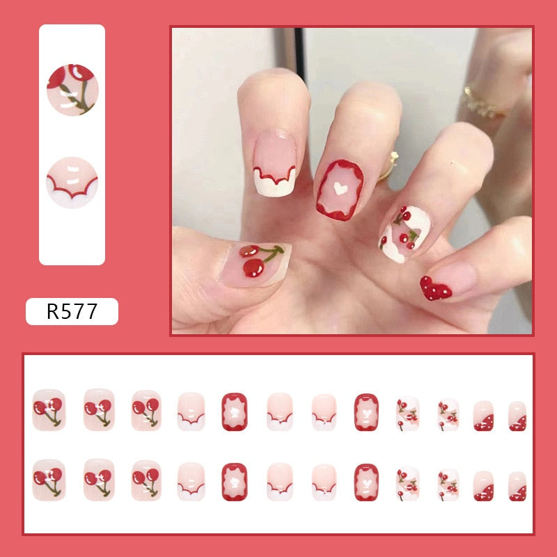 Short False Press on Nail Tip with Glue Designs Detachable Reusable Fake Nails 24Pcs/Set with Nail Art DIY Tips