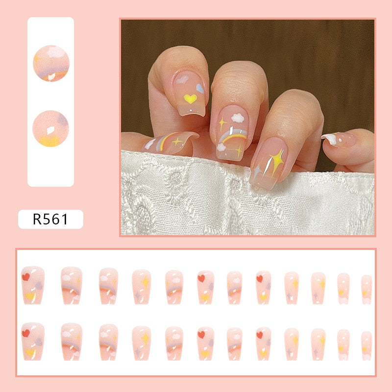 Short False Press on Nail Tip with Glue Designs Detachable Reusable Fake Nails 24Pcs/Set with Nail Art DIY Tips