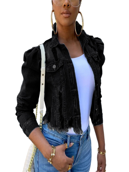 Women's Ripped Denim Jacket Casual Long Puff Sleeve Button Down Cropped Jean Coats for Fall