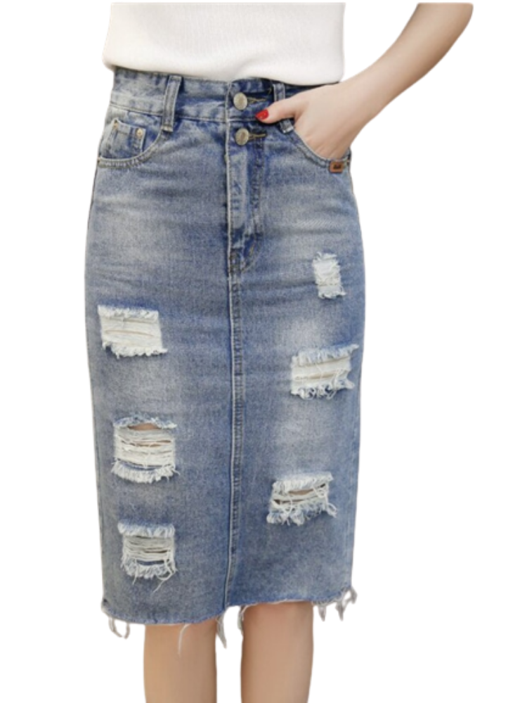 Summer 2023 Denim Teen Skirt High Waist Holes Back Slit Knee-length Midi Skirt Preppy Style