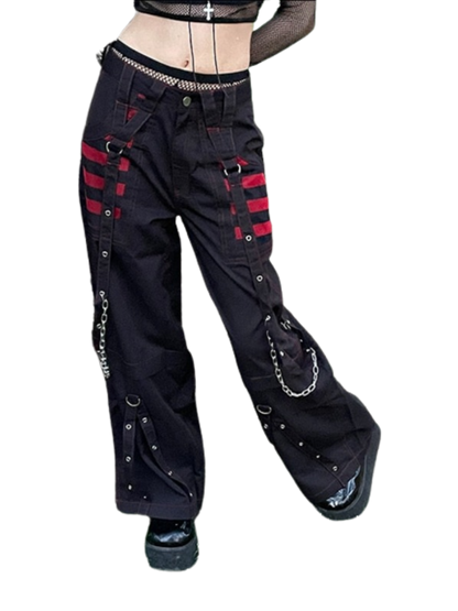 Gothic Chain Bandage Wide Leg Pants Women Oversize Low Rise Dark Academic Trousers Streetwear 90s Baggy Pant Punk Style