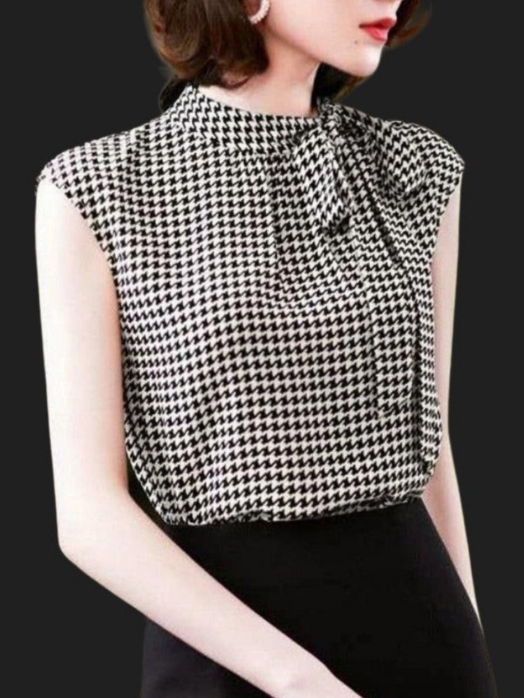 Summer Korean Elegant Stand Collar Vintage Plaid Printed Bow Lacing Chiffon Shirt Women Loose Casual Sleeveless Blouse Lady Top