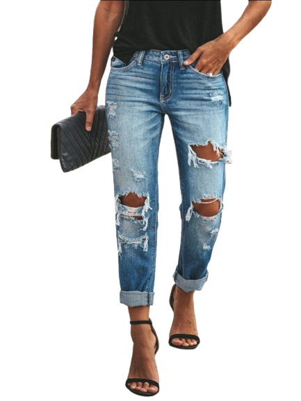 New Women Fashion Mid Waist Boyfriend Big Ripped Hole Jeans Casual High Street Denim Pants Sexy Vintage Pencil Calca Jeans