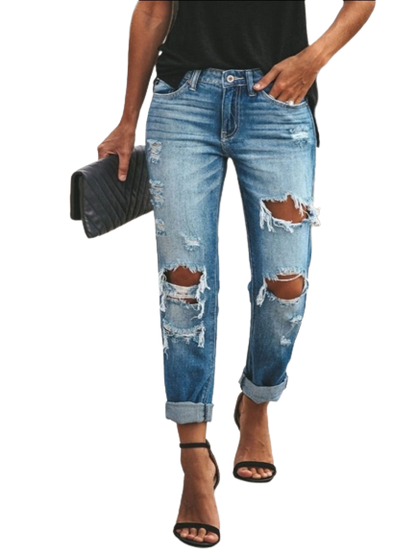 New Women Fashion Mid Waist Boyfriend Big Ripped Hole Jeans Casual High Street Denim Pants Sexy Vintage Pencil Calca Jeans