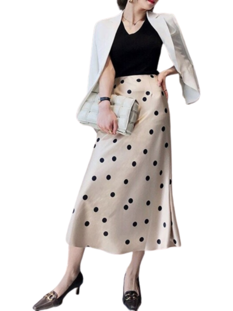 Summer High-waisted Skirt Womens 2023 Vintage Zipper Dots Satin Silk A-line Long Skirts Office Lady Champagne Slim Women Skirt