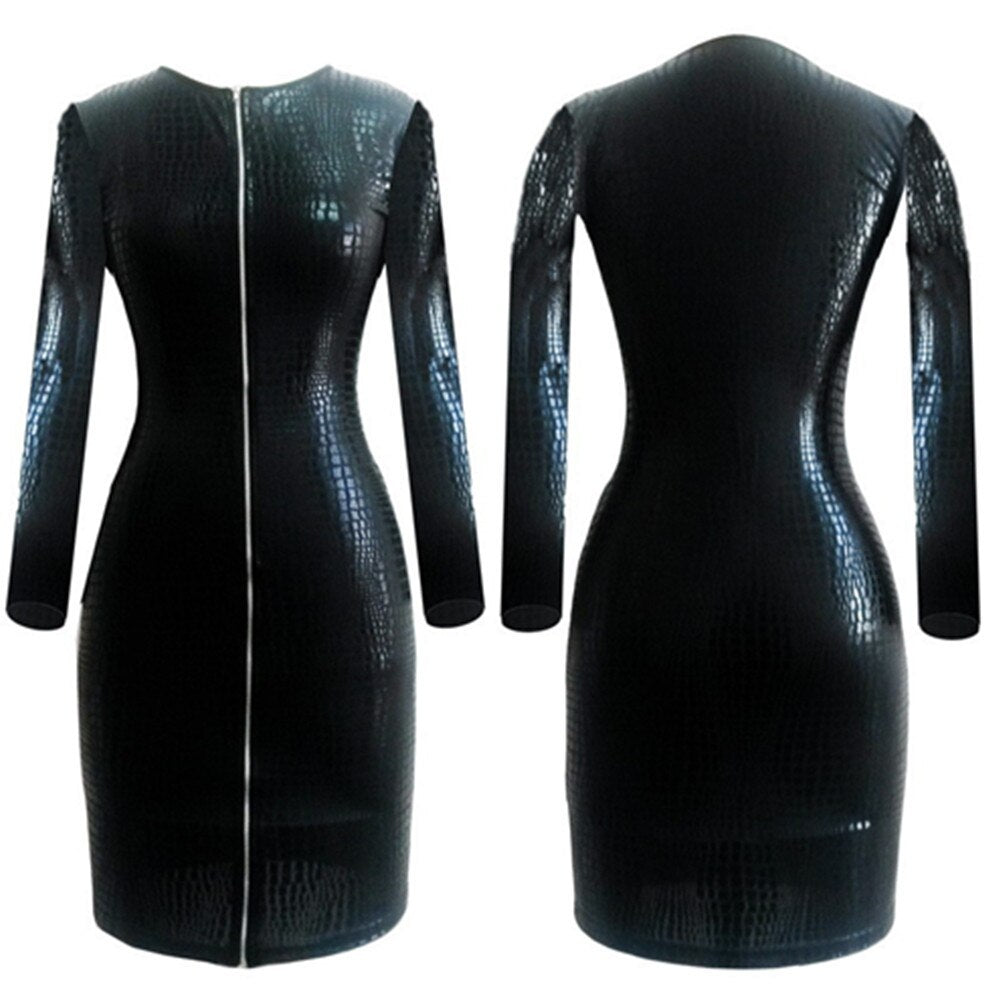 Products Glamorous Clubwear Women's Bodycon PU Leather Dresses, Long Sleeve, Zippers, Elasticity