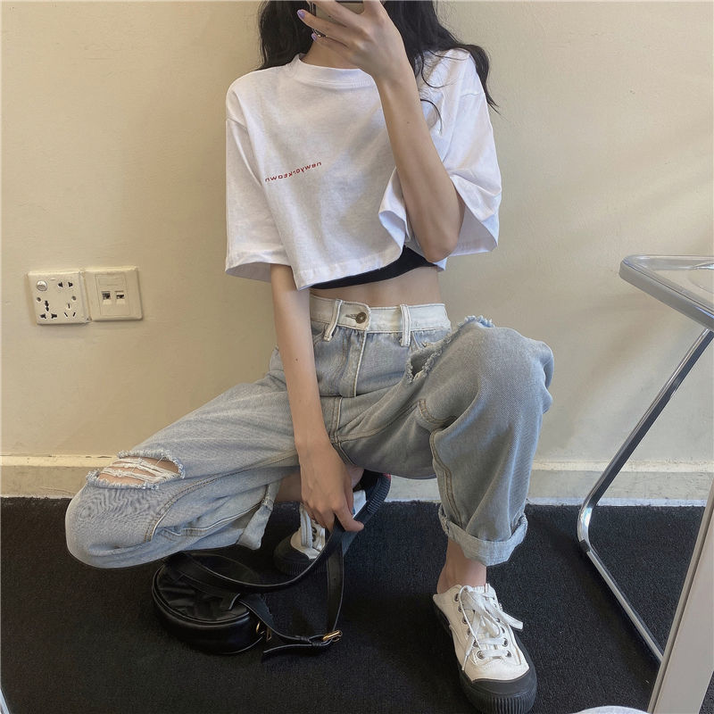 White Short Sleeved T-shirt Women Summer New Short High Waist Loose Crop Top Casual Basic Dancing Tees