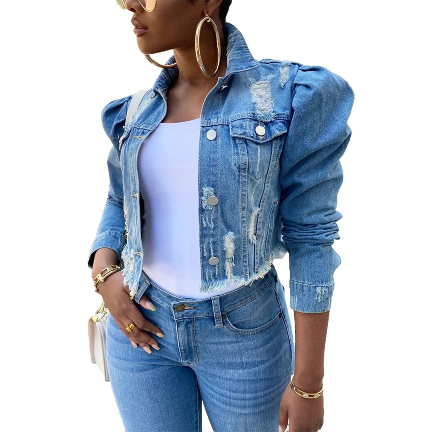 Women's Ripped Denim Jacket Casual Long Puff Sleeve Button Down Cropped Jean Coats for Fall