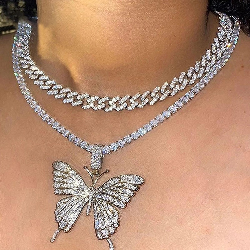 Punk Cuban Double Layer Big Butterfly Pendant Necklace