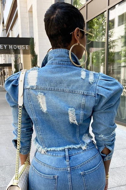 Women's Ripped Denim Jacket Casual Long Puff Sleeve Button Down Cropped Jean Coats for Fall