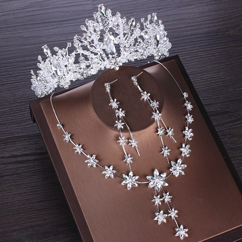 Luxury Heart Crystal Bridal Jewelry Sets Wedding Cubic Zircon Crown Tiaras Earring