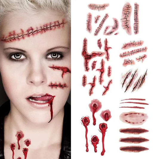 6pcs Halloween Bloody Wound Tattoo Stickers Trick Scary Waterproof Temporary Tattoo DIY Fake Tattoo Halloween Party Decoration