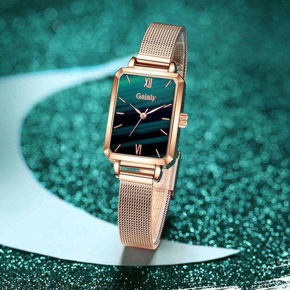 Brand Women Watches Fashion Square Ladies Quartz Watch Bracelet Set Green Dial Simple Rose Gold Mesh Luxury Women Watches