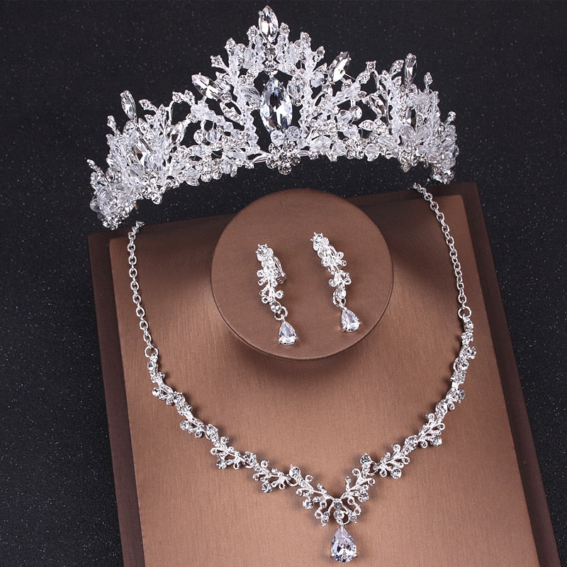 Luxury Heart Crystal Bridal Jewelry Sets Wedding Cubic Zircon Crown Tiaras Earring