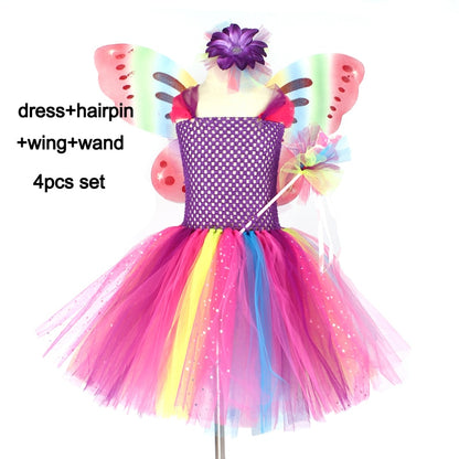 Girls Butterfly Fairy Fancy Tutu Dress Wings Costume Kids Princess Birthday Party