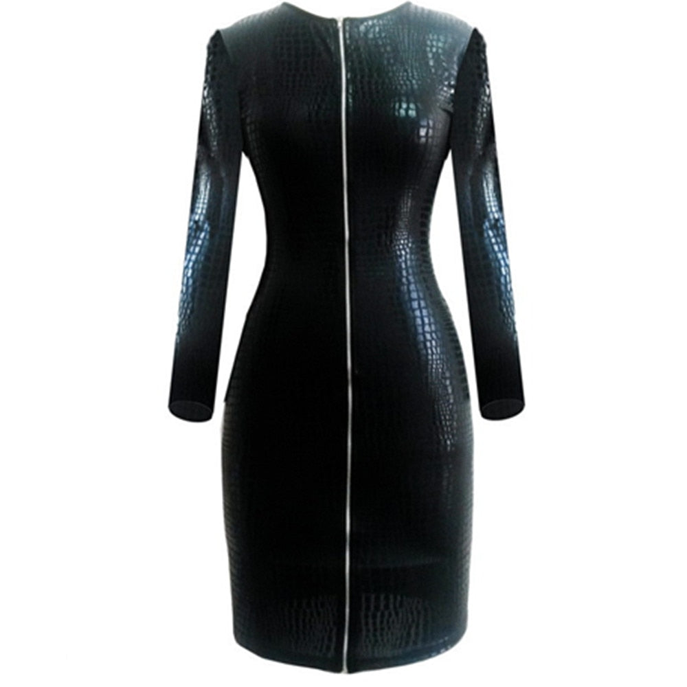 Glamorous Clubwear Women's Bodycon PU Leather Dresses, Long Sleeve, Zippers, Elasticity