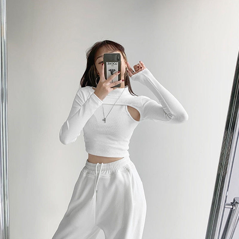 Hollow Knitted Crop Tops Women New Fitness Fake Two-piece T-shirt Female Black White Long Sleeve streetwear style Tops